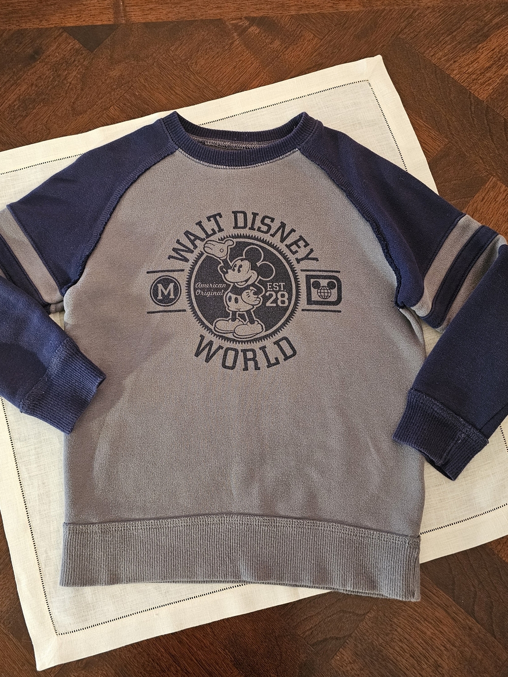 Disney Parks Mickey Mouse Kids Raglan Sweatshirt Grey Blue Size XS 5/6